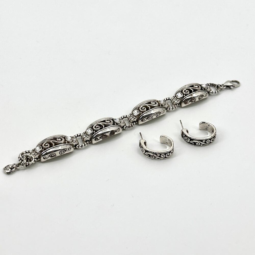 Brighton Fashion Silvertone Bracelet & Earrings Intricate Details & Rhinestones